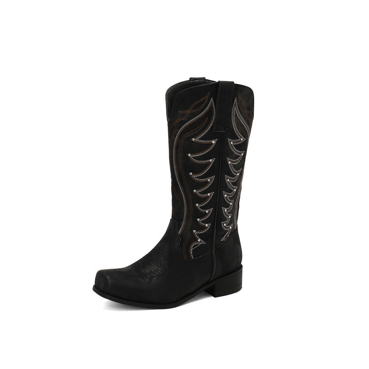 West Embroidered Denim Totem Square Toe Mid-heel High Leg Boot - Image 3