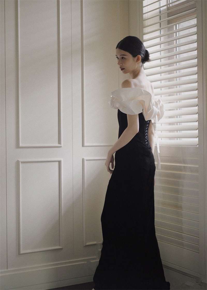 French Satin Evening Dress New Bridal Off-shoulder Elegant Fishtail Welcome Dress – Bild 6