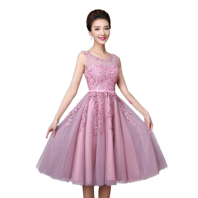 new mid-length pink evening dress banquet double shoulder graduation dress – Bild 3