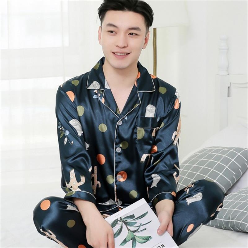 Men's Thin Silk Pajamas Long Sleeve Suit - Image 4