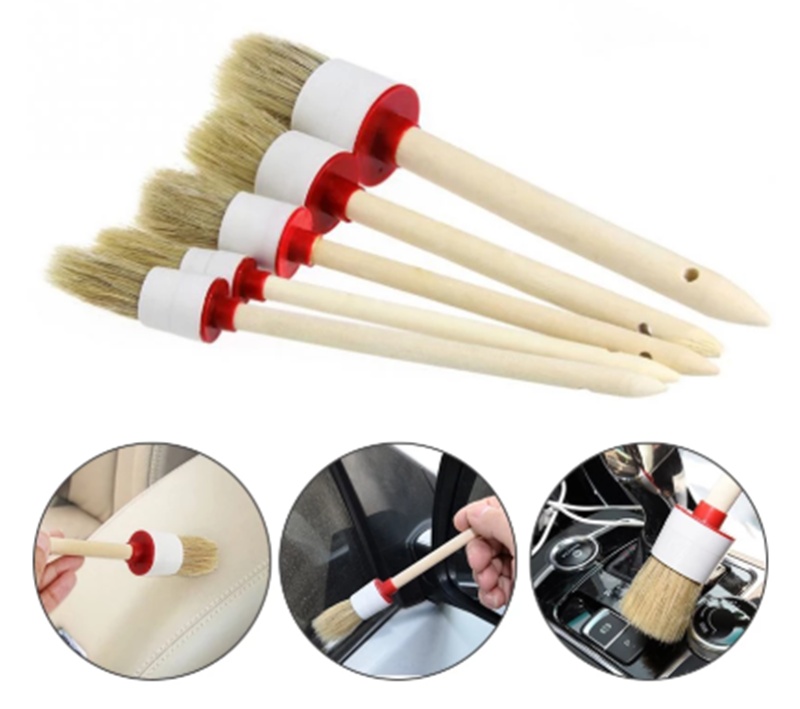 Car Washing Brush Pig Bristles Round Head Paint Car Cleaning Brush With Wooden Handle - Image 2