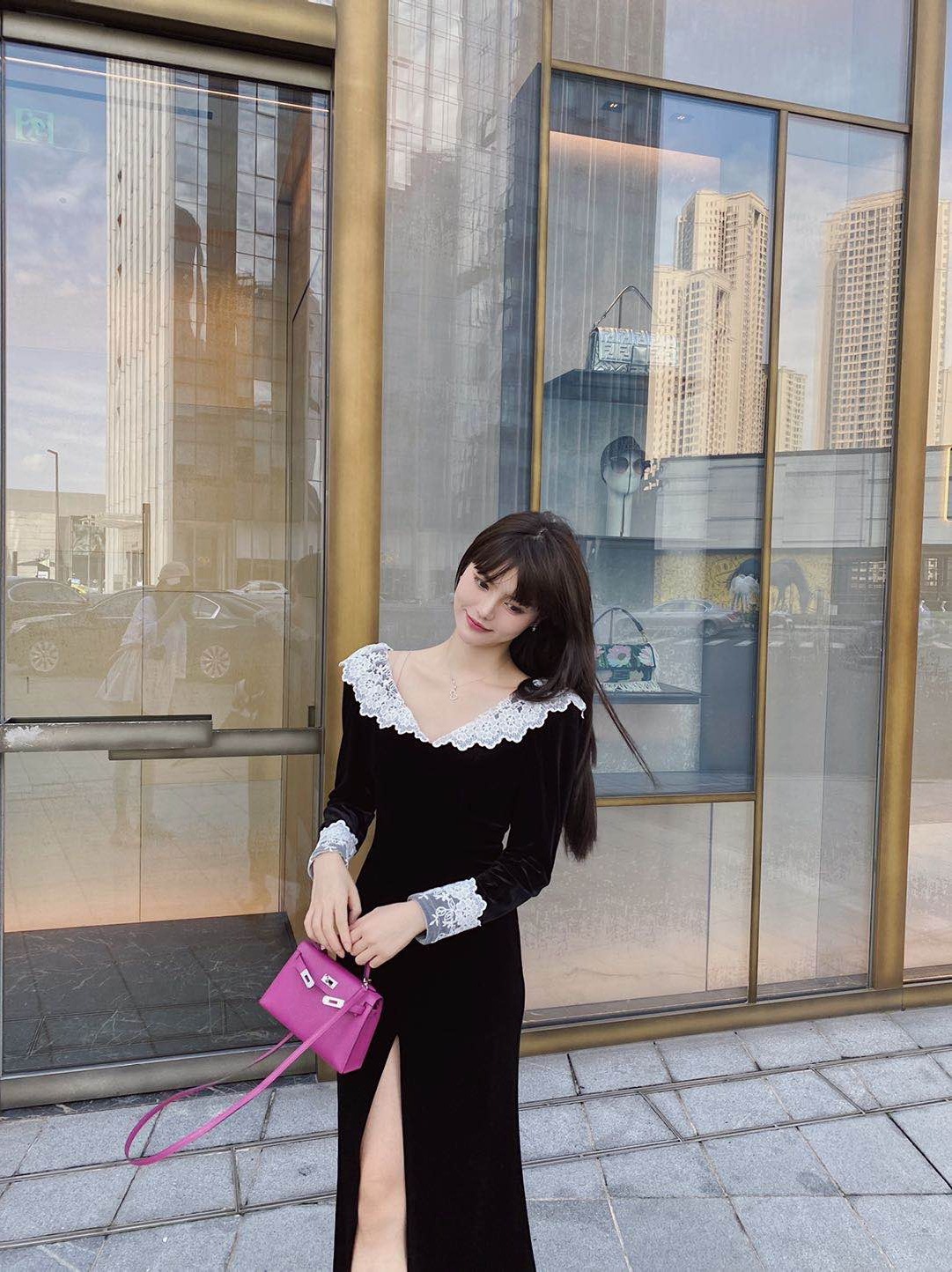 Autumn And Winter French Long-Sleeved Lace V-Neck Temperament Long Dress — изображение 4