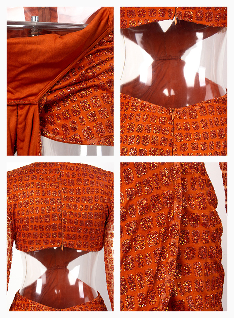 Long Sleeve Mini Skirt Orange Deep V-neck Hot Piece Party Dress - Image 5
