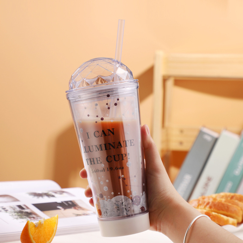 Luminous Creative Coffee Cup Plastic Cup Light Gradient Portable Student Double Straw Water Cup - Image 6