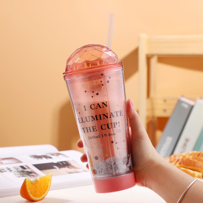 Luminous Creative Coffee Cup Plastic Cup Light Gradient Portable Student Double Straw Water Cup - Image 3