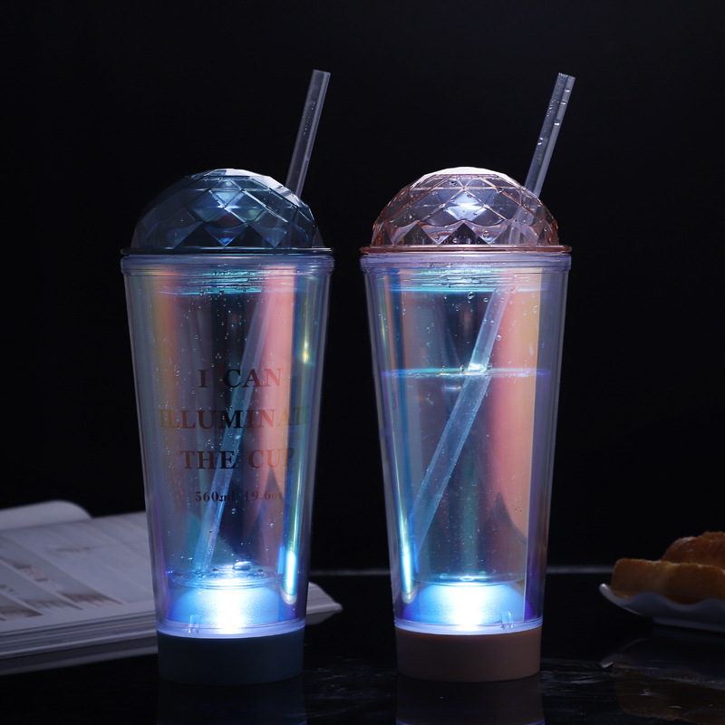Luminous Creative Coffee Cup Plastic Cup Light Gradient Portable Student Double Straw Water Cup - Image 8