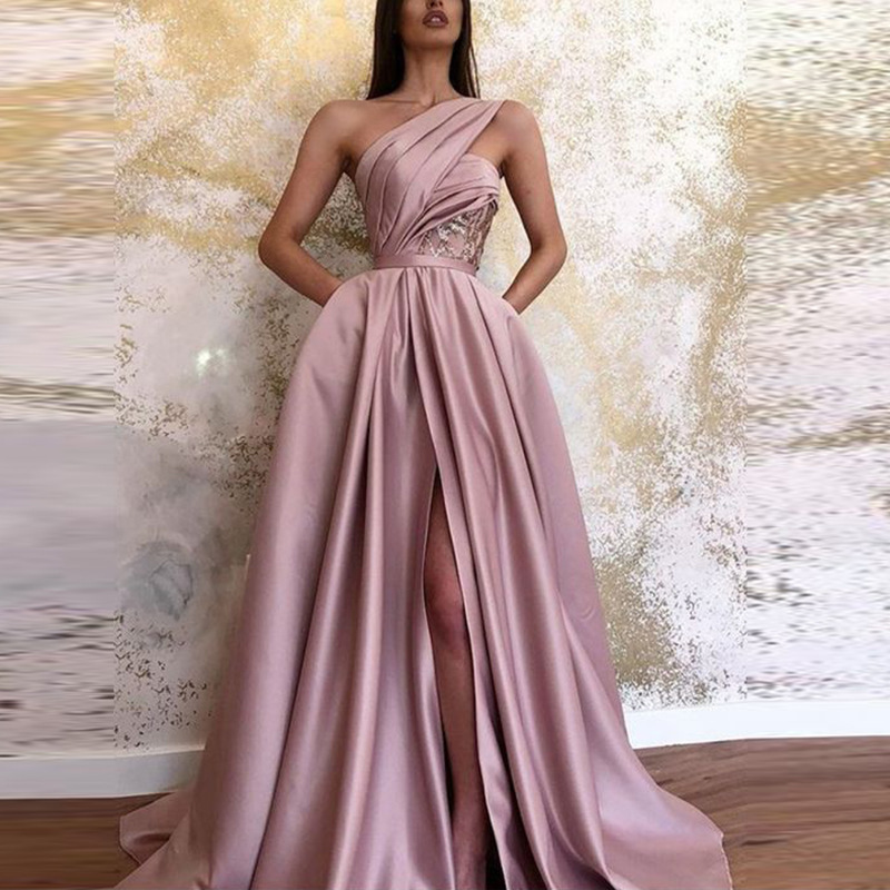 Sexy Slit Slanted Shoulder Dress Long Skirt Evening Dress – Bild 5