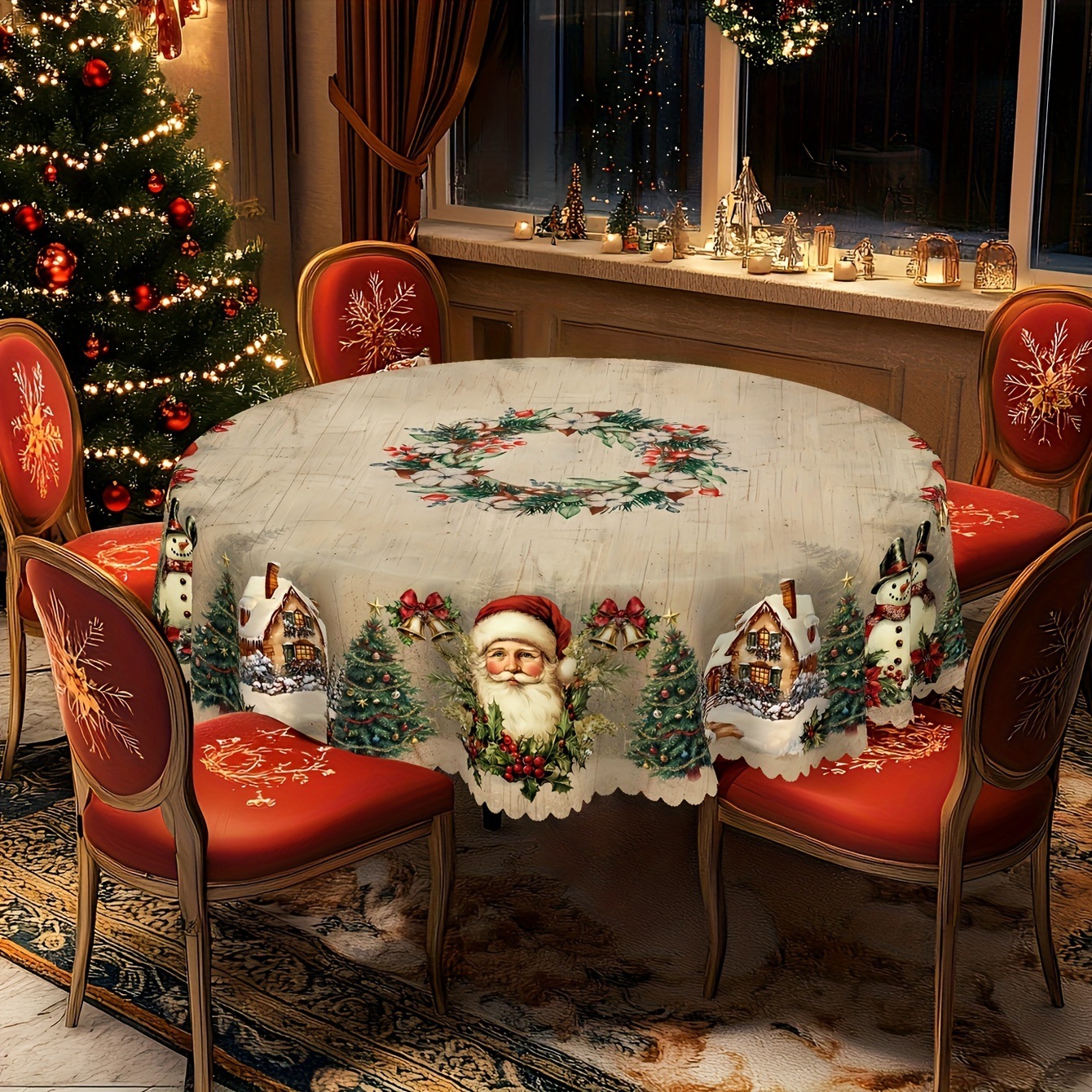 Christmas Round Tablecloth Christmas Theme With Santa Claus Table Flag - Image 4