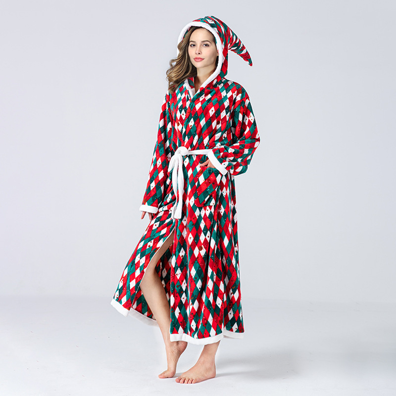 Christmas Sleepwear Women Fleece Hooded Bathrobe Plush Long Robe Winter - Image 3