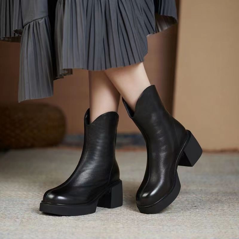 Women's Autumn And Winter Thick Heel Real Soft Leather High-heeled Martin Boots - Image 4