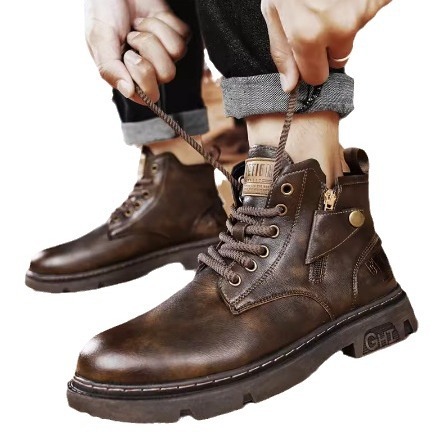 Men's High-top Retro Side Zipper Motorcycle Leather Boots - Image 9