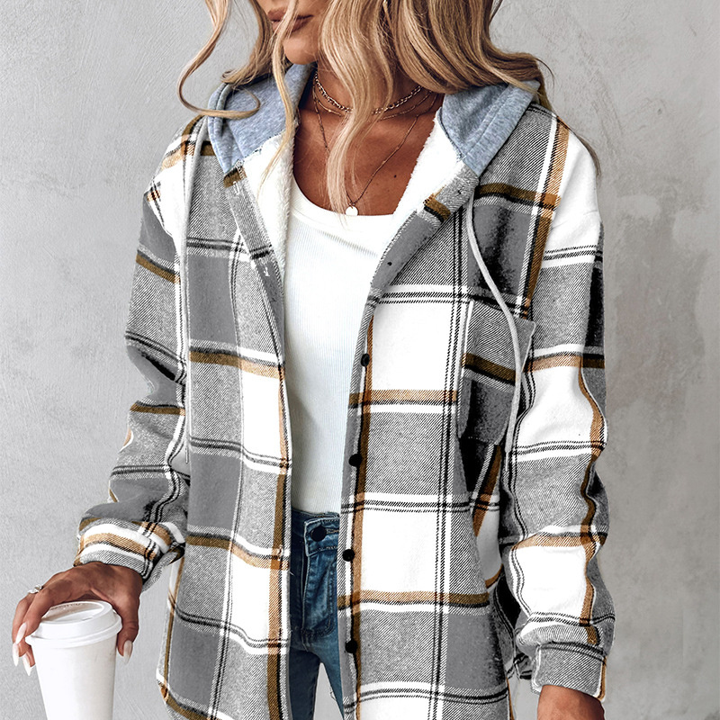 Plaid Hooded Jacket Fashion Casual Button Pocket Coat Autumn And Winter Women's Clothing — изображение 3