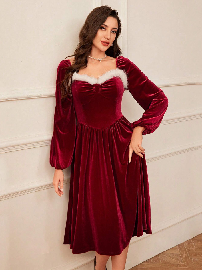 Women's Vintage Christmas Party Long Sleeve Red Dress - Image 6