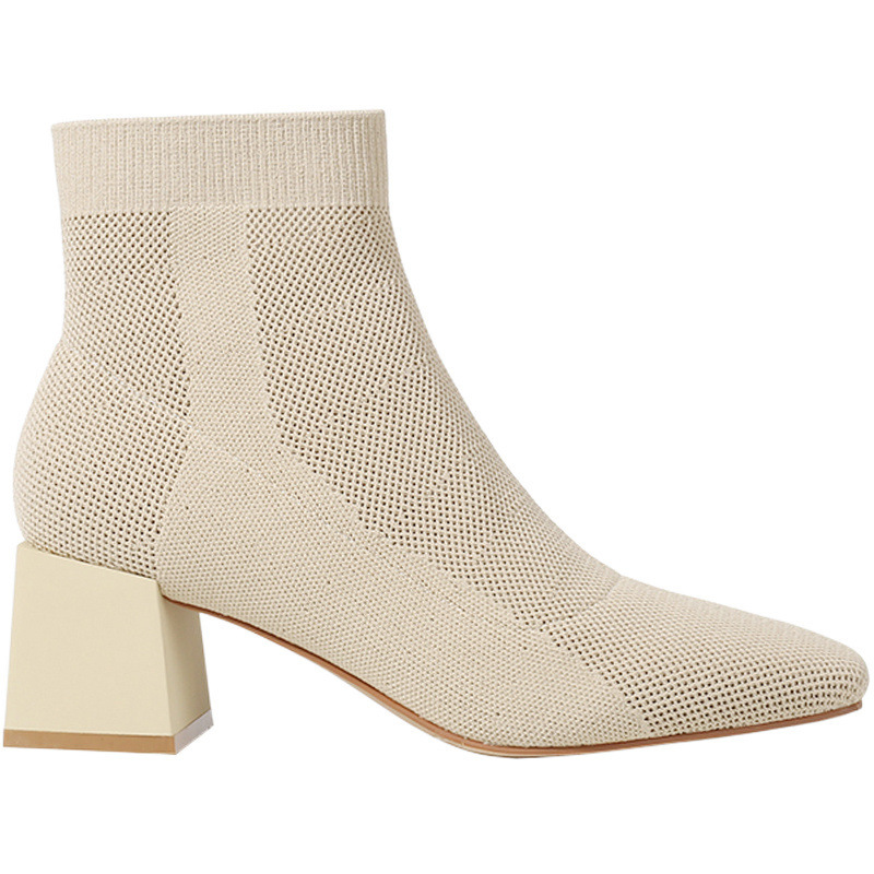 All-match Stretch Knitted High Heel Solid Color Chunky Heel Square Toe Booties Women - Image 5