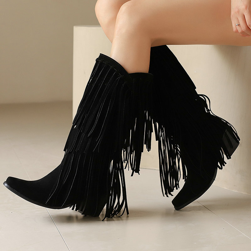 Women's High Boots Autumn And Winter Suede High Heel Tassel Boots Below The Knee - Image 2