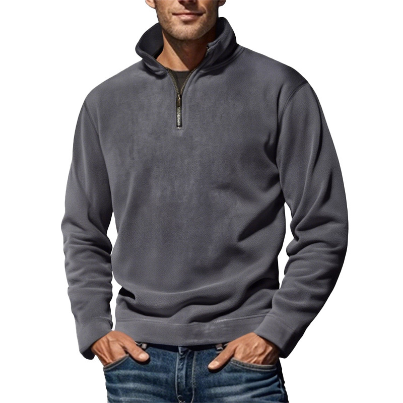 Men's Polar Fleece Top Pure Color Simple Casual Stand Collar Pullover Sweater - Image 2