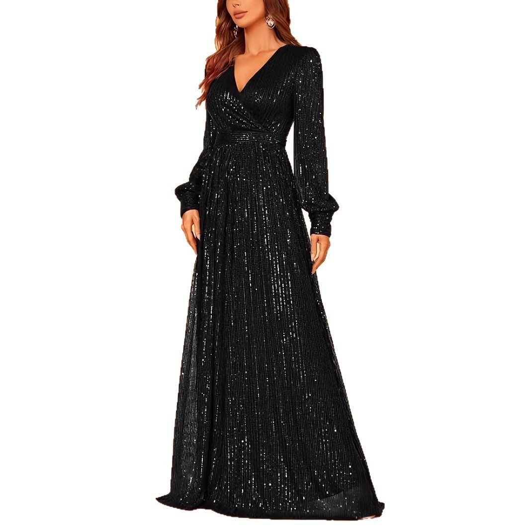 Elegant Dinner Sequined Long Sleeve V-neck High Waist Evening Dress — изображение 4