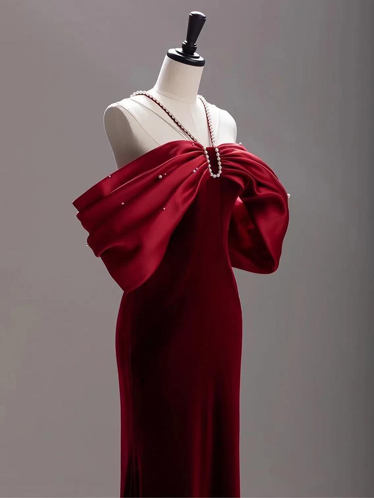 Premium Sense Wine Red Engagement Fishtail Temperament One Line Shoulder Evening Dress - Image 5