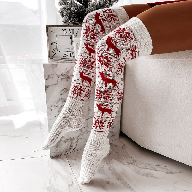 Winter Christmas Warm Knitted Women Stocking Beautiful Elk Snowflake Jacquard Over-the-knee Casual Long Socks For Ladies Gifts Free Size - Image 3