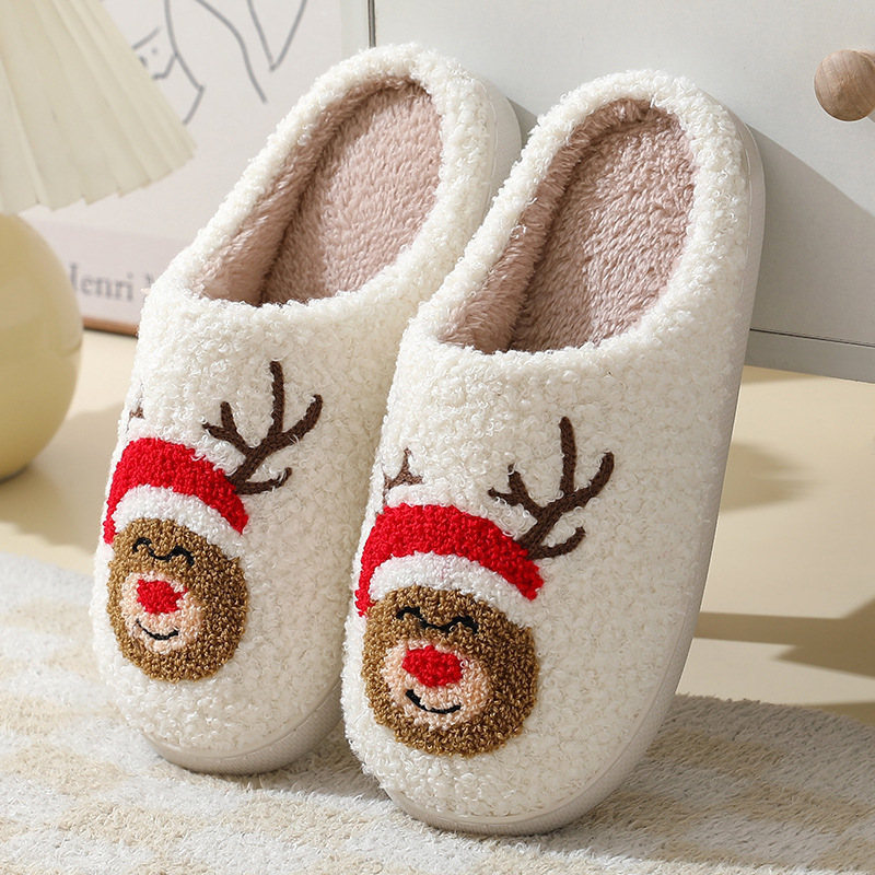 Christmas Home Slippers Cute Cartoon Santa Claus Cotton Slippers For Women And Men Couples Winter Warm Furry Shoes — изображение 7