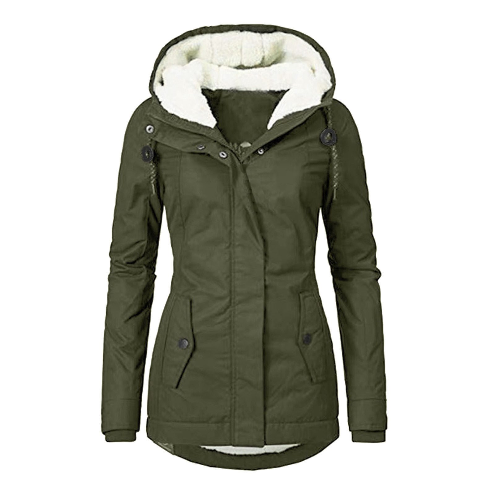 Winter Hooded Jacket Solid Color Warm Buckle Zip-up Fleece Jacket With Pockets Women's Casual Jacket - Image 9