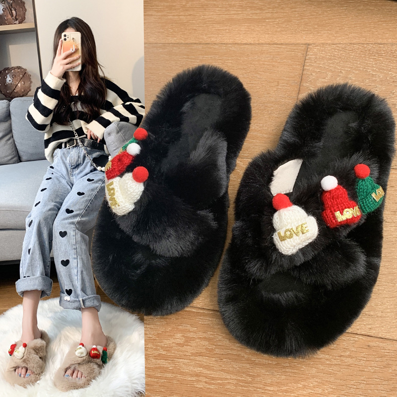 Christmas Hat Fluffy Slippers Women's Warm Toe Covering Cotton Slippers — изображение 3