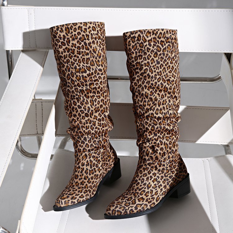 Fashion Square Toe Chunky Heel High Heel Leopard Print Boots - Image 3
