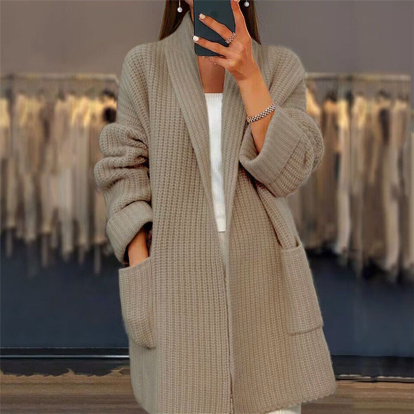 Lapel Knitted Cardigan With Pockets Fashion Casual Loose Sweater Jacket Fall Spring Women's Clothing - Image 2