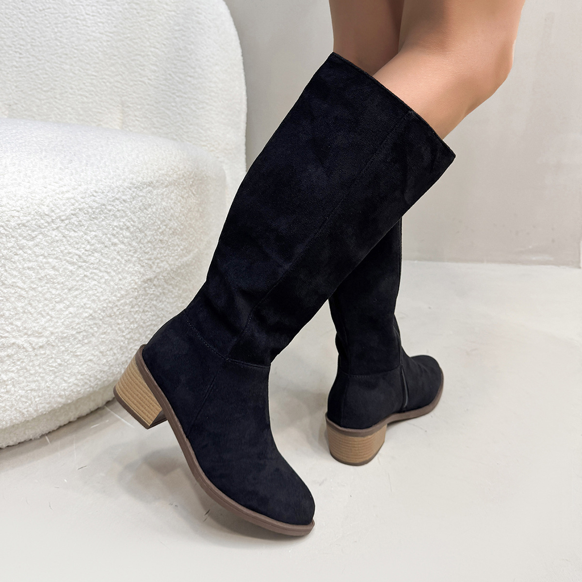 Chunky Heel Small Slim Suede Over The Knee Side Zipper Boots - Image 4
