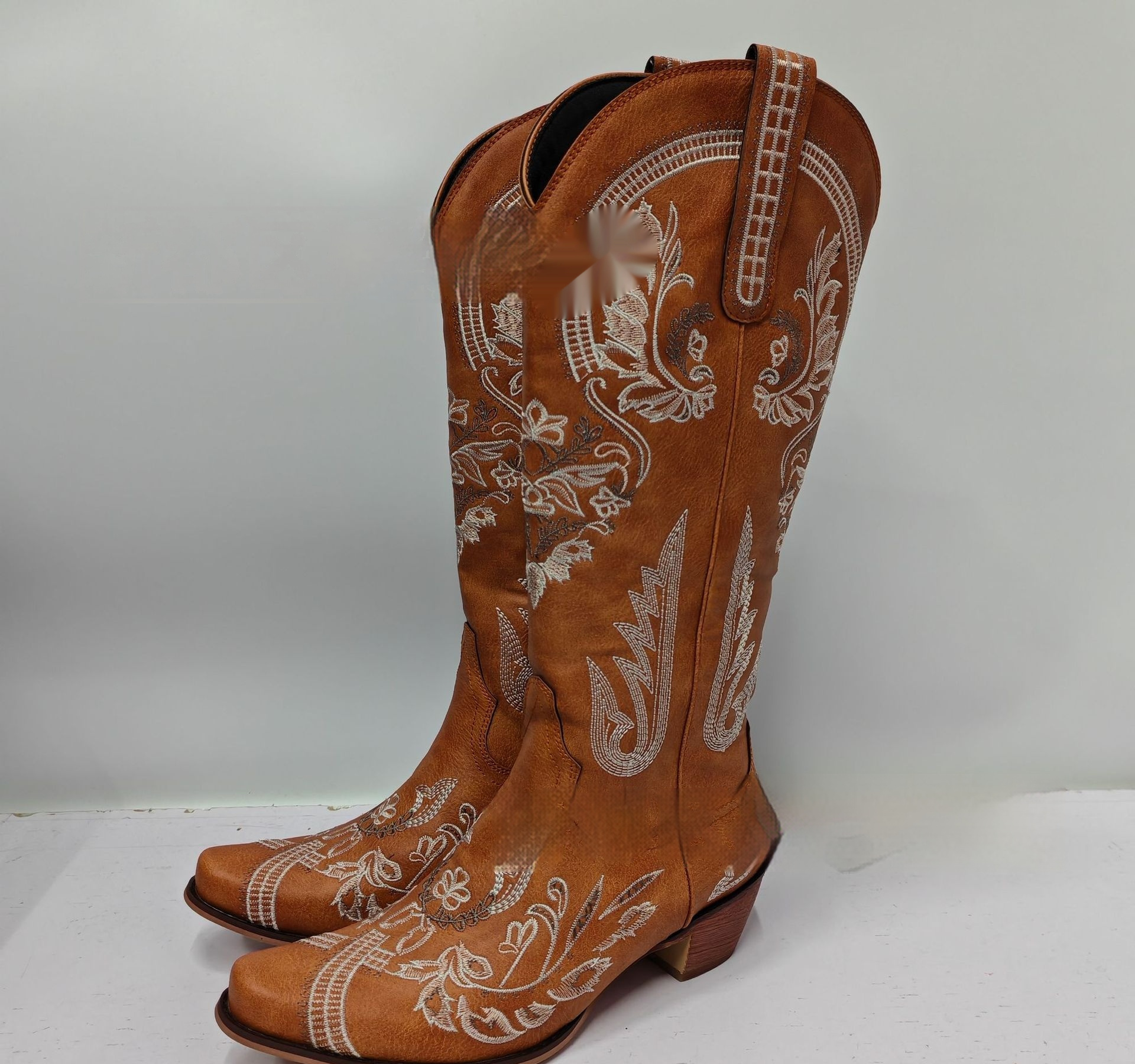 Embroidered Rhinestone Thick High Heel Side Zipper High-top Boots - Image 7