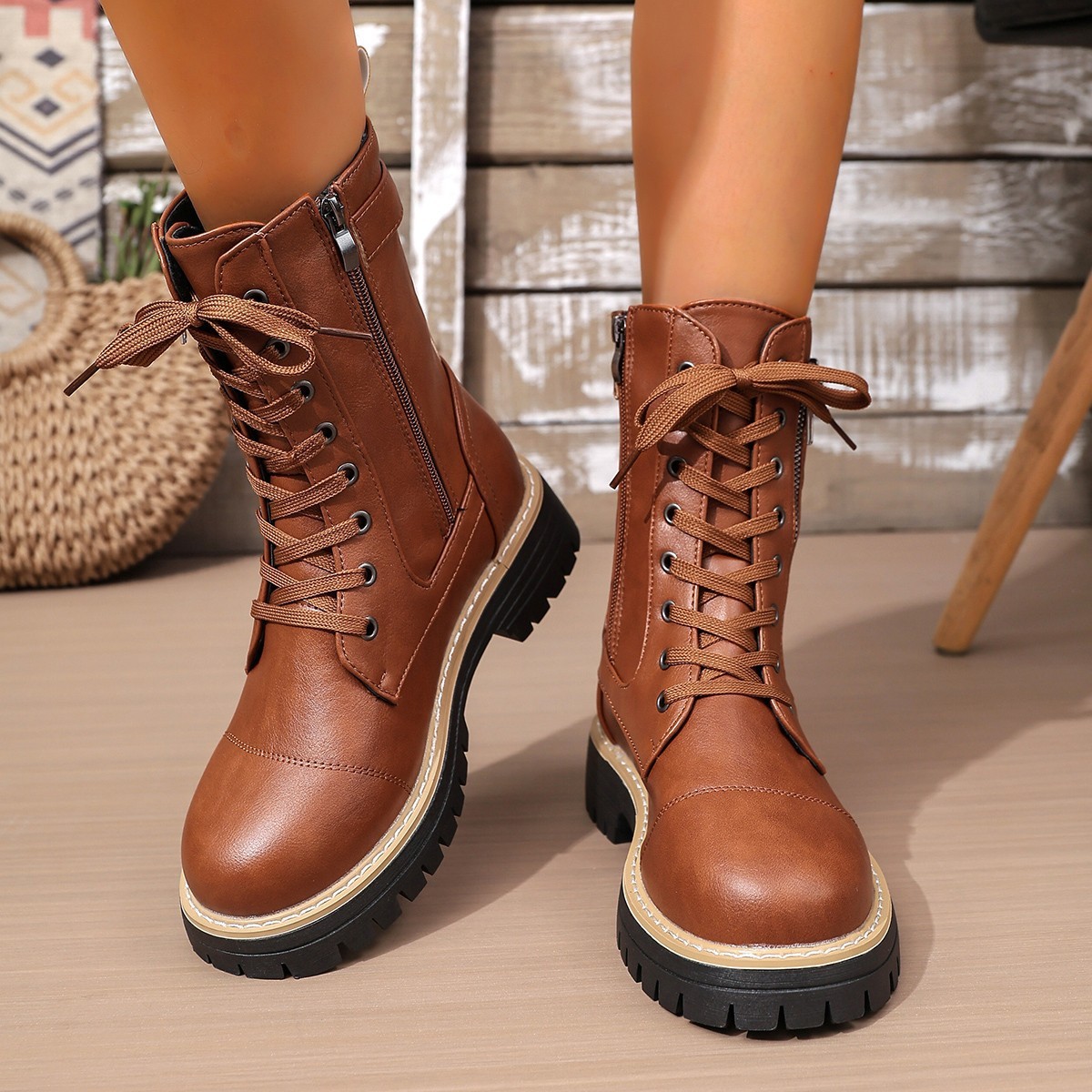 New Women's Solid Color Low Heel Middle Boots - Image 4