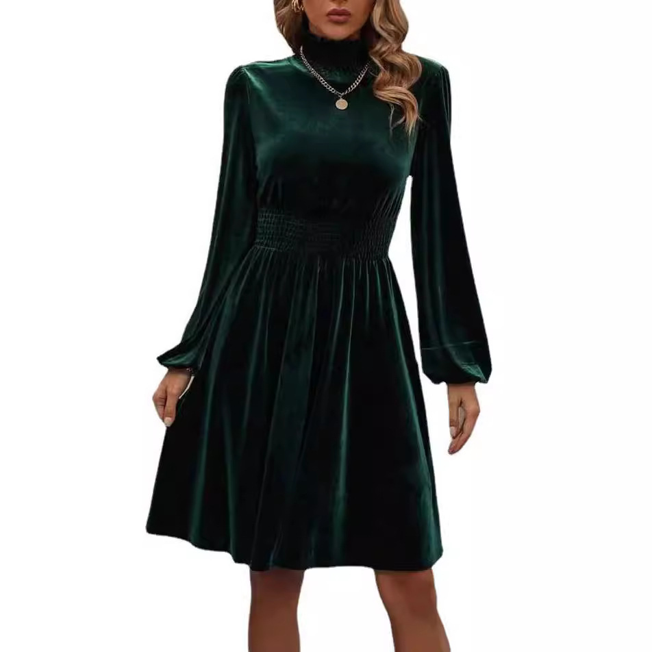 Graceful Stand Collar Solid Color Velvet Long Sleeve Dress - Image 5