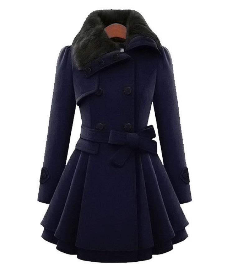 Women's Slim Mid-length Woolen Coat With Belt Thickened Double-breasted Padded Windbreaker Coat - Image 8