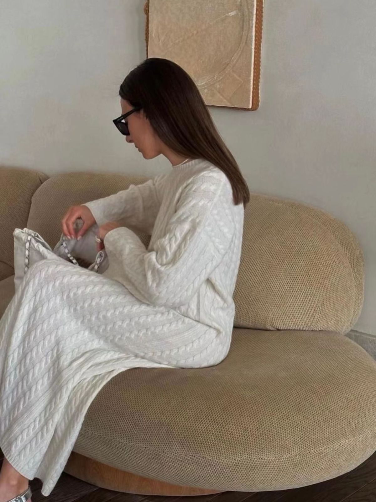 Wool Mid-length Round Neck Long Sleeve Twisted Knitted Dress - Image 3