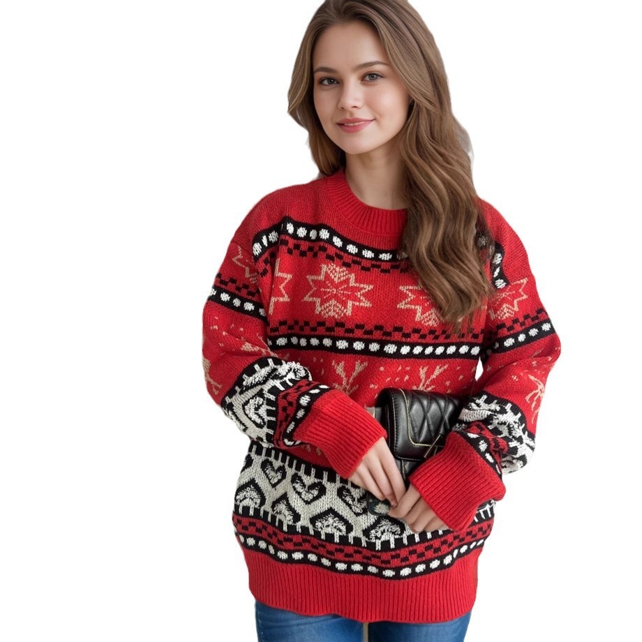 Christmas Casual Red Deer Jacquard Women's Long-sleeved Round Neck Sweater – Bild 5
