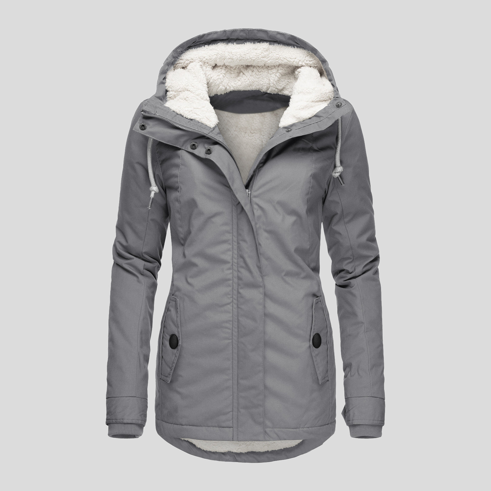 Winter Hooded Jacket Solid Color Warm Buckle Zip-up Fleece Jacket With Pockets Women's Casual Jacket - Image 2