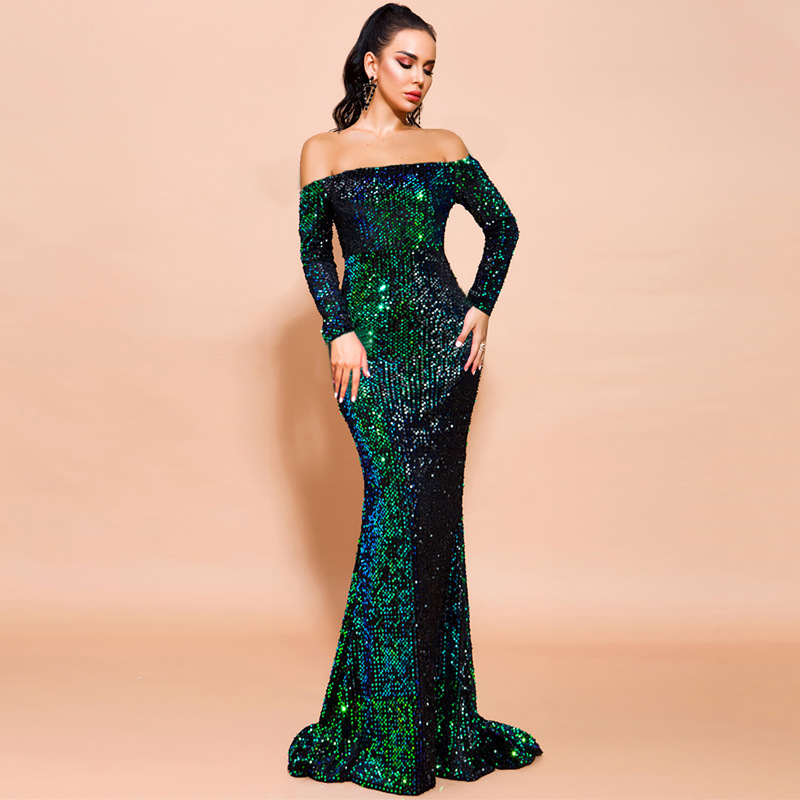 Sexy Strapless Long Sleeve Sequins Party Evening Dress – Bild 2