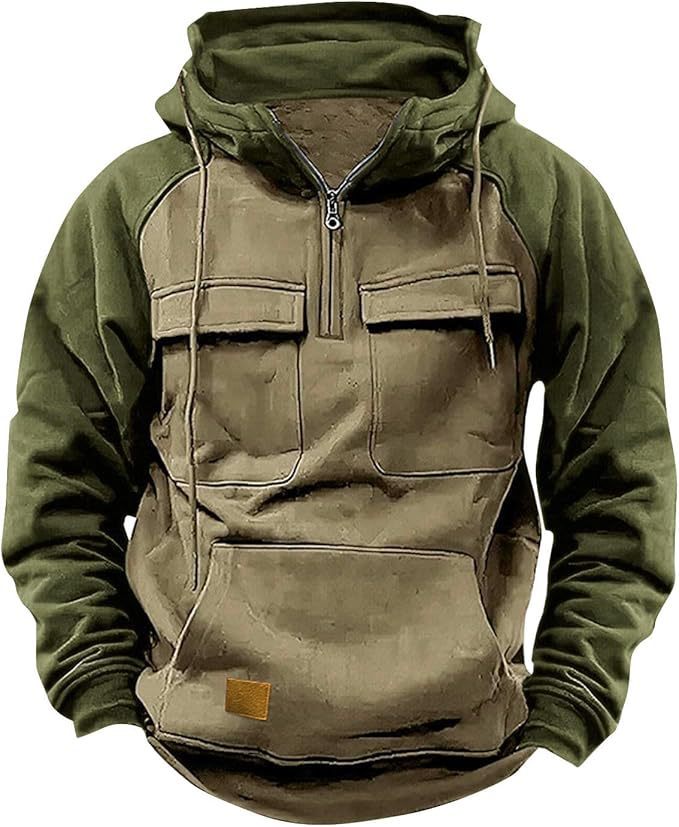 Fall Winter Retro Cargo Hoodies Men's Half Zipper Solid Warm Fleece Sweatshirts Multi Pockets Male Hooded Jackets Thick Outdoor Hooded - Image 10