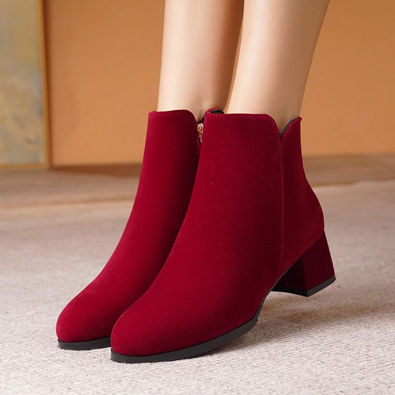 Pointed-toe Frosted Suede Side Zipper Chunky Heel Mid Heel Plus Size Female Boots - Image 3