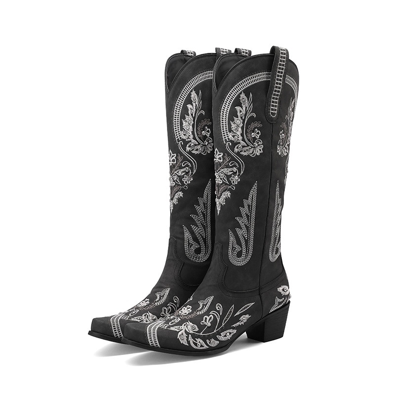 Embroidered Rhinestone Thick High Heel Side Zipper High-top Boots - Image 3