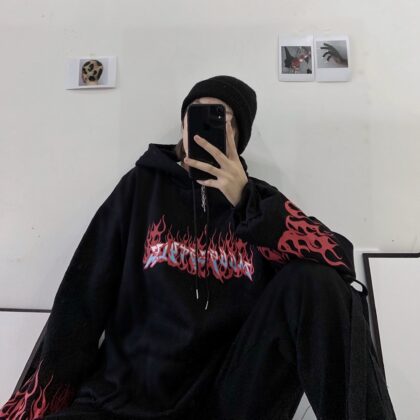 Autumn Fashion Cute Flaming Fire Print Hoodie Woman