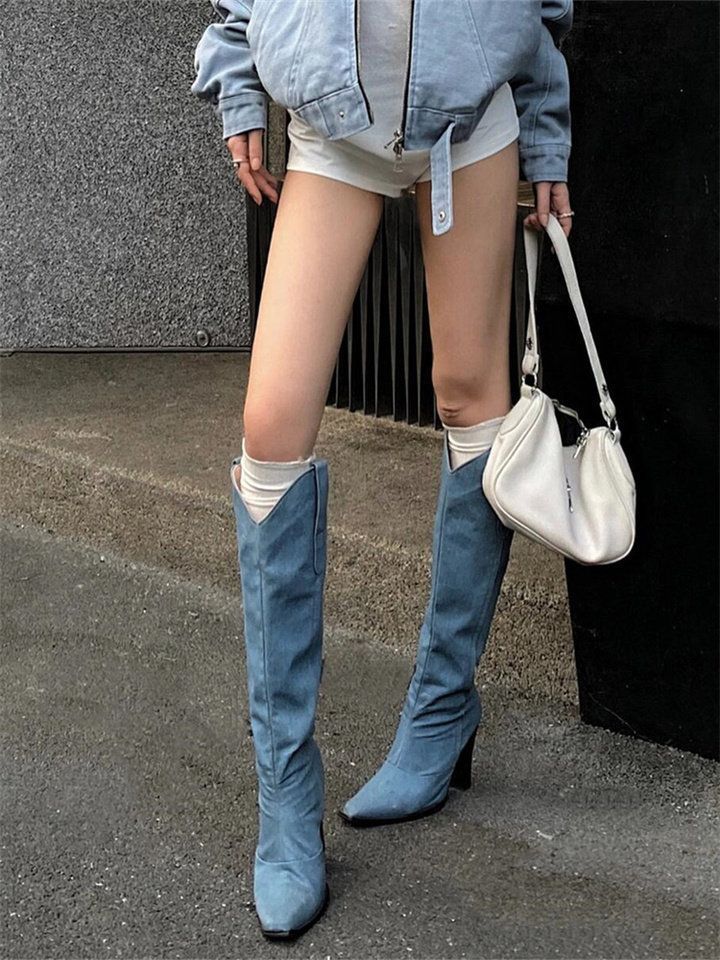 Niche Slimming V Cut Blue Waterproof Platform Western Cowboy Boot - Image 2