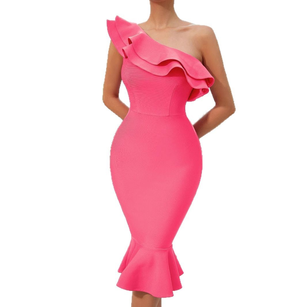 European And American Fashionable Off-shoulder Bandage Dress Ruffled Off-shoulder Evening Dress – Bild 5