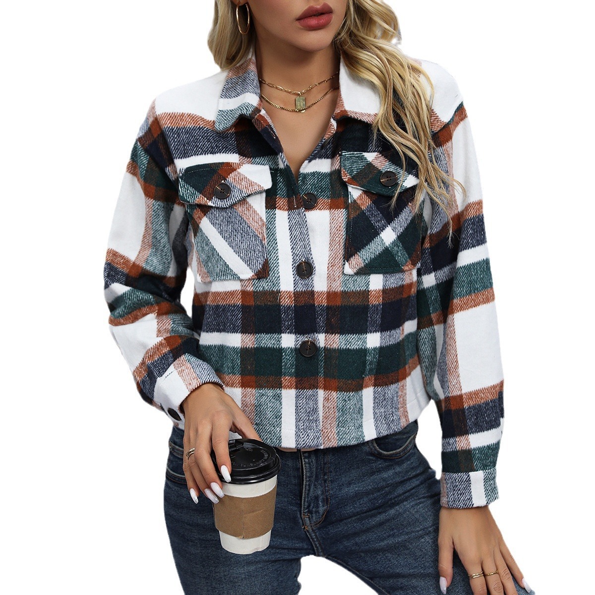 Autumn And Winter New Fashion Casual Pocket Plaid Women's Woolen Short Coat - Image 5