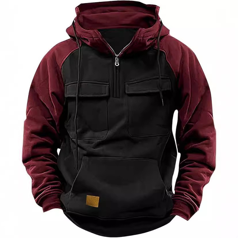 Fall Winter Retro Cargo Hoodies Men's Half Zipper Solid Warm Fleece Sweatshirts Multi Pockets Male Hooded Jackets Thick Outdoor Hooded - Image 4