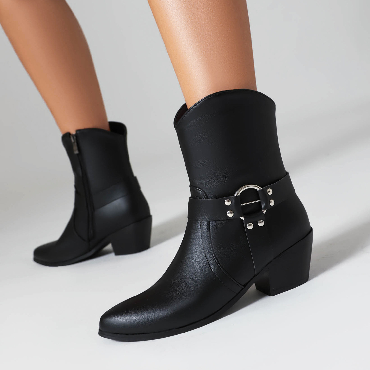 Belt Buckle Chunky Heel Martin Booties