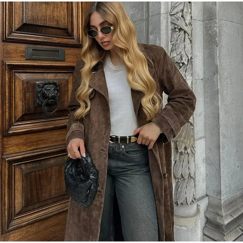 Double Breasted Lapel Shift Coat With Belt Fashion Vintage Suede Long Coat Winter Outwear Women's Clothing - Image 6