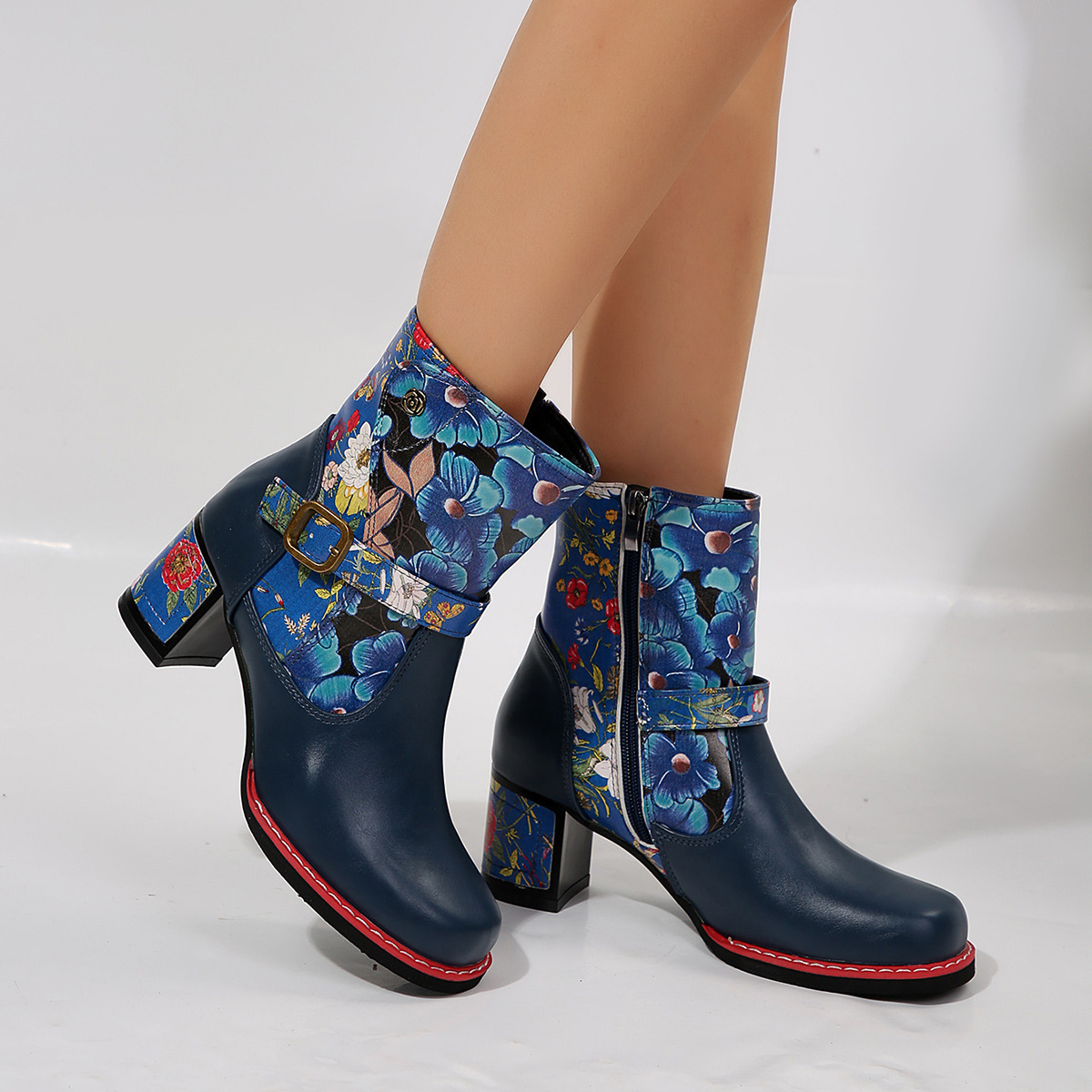 Women's Printed Stitching Round Head Thick Bottom Bootie - Image 3
