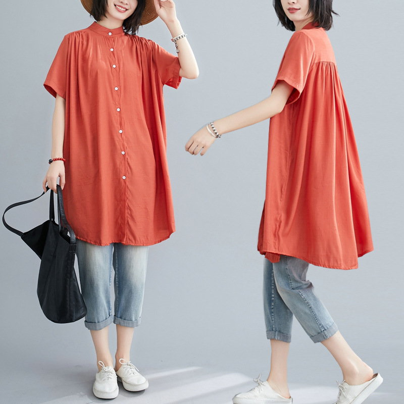 Women's Mid-length Short Sleeve Breasted Stand Collar Irregular Shirt — изображение 5