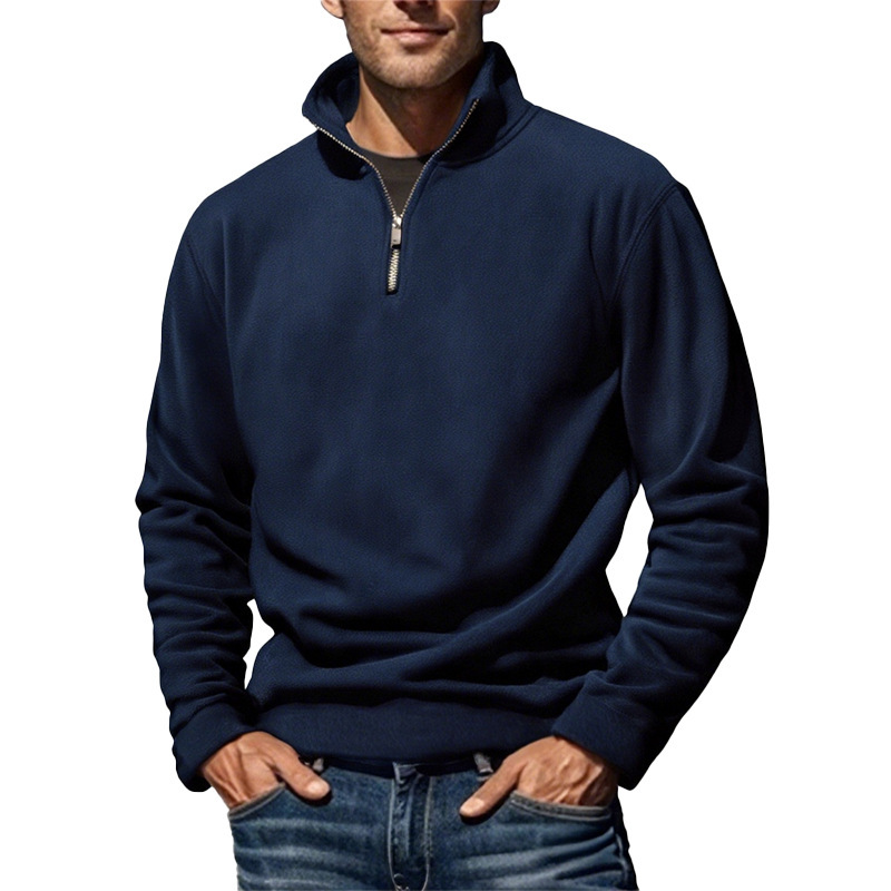 Men's Polar Fleece Top Pure Color Simple Casual Stand Collar Pullover Sweater - Image 4
